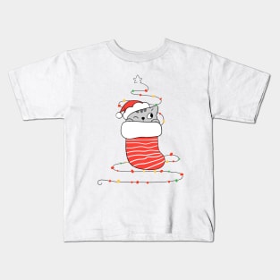 Cat in red sock with Christmas light. Kids T-Shirt